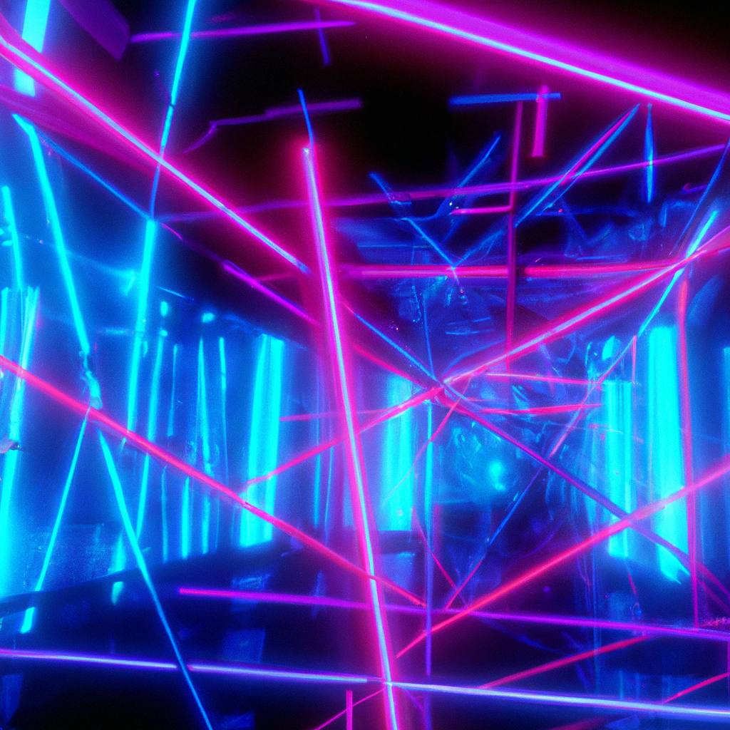 Сцена с линиями данных и 3D сеткой, голубо-фиолетовое свечение, киберпанк стиль 8k